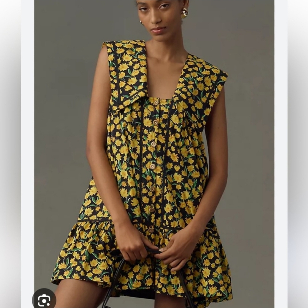 Maeve Black Mini Dress with Yellow Floral Print